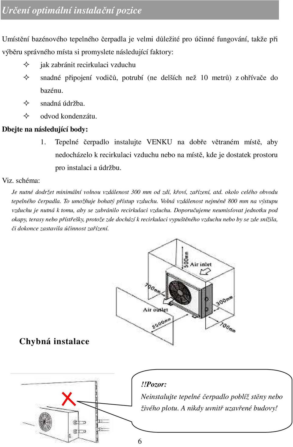 Tepelné čerpadlo instalujte VENKU na dobře větraném místě, aby nedocházelo k recirkulaci vzduchu nebo na místě, kde je dostatek prostoru pro instalaci a údržbu.