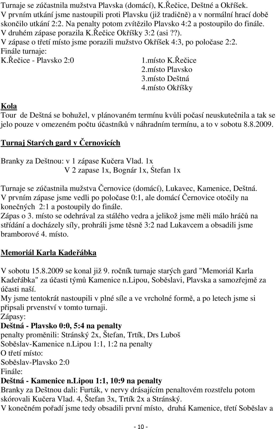 Finále turnaje: K.Řečice - Plavsko 2:0 1.místo K.Řečice 2.místo Plavsko 3.místo Deštná 4.