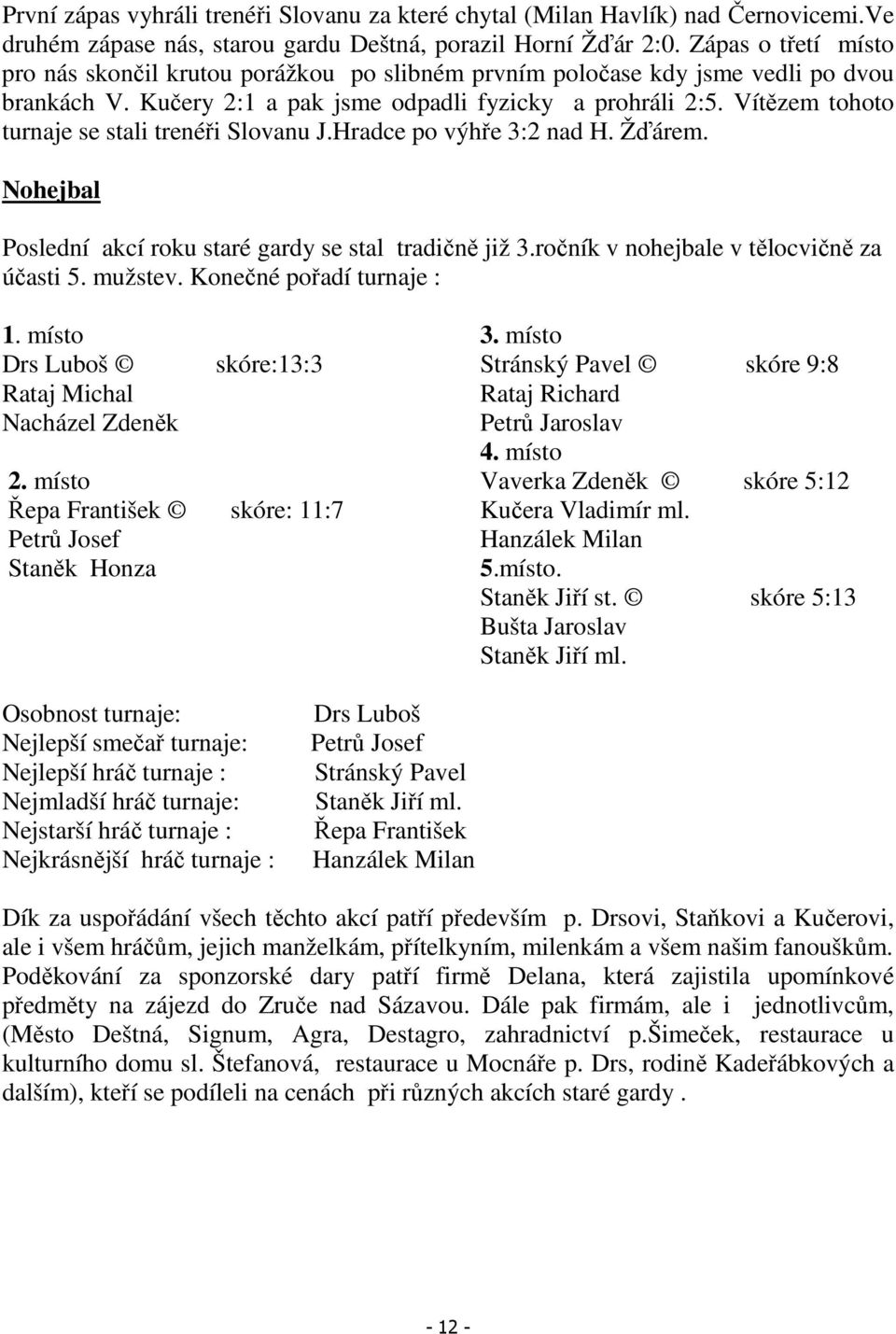 Vítězem tohoto turnaje se stali trenéři Slovanu J.Hradce po výhře 3:2 nad H. Žďárem. Nohejbal Poslední akcí roku staré gardy se stal tradičně již 3.ročník v nohejbale v tělocvičně za účasti 5.