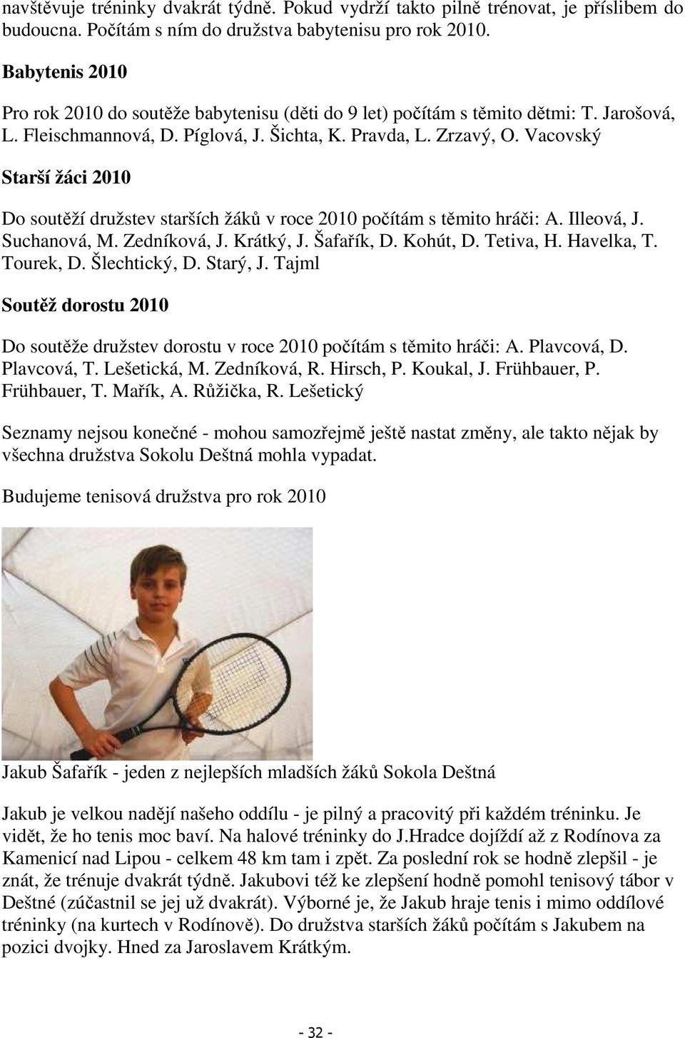 Vacovský Starší žáci 2010 Do soutěží družstev starších žáků v roce 2010 počítám s těmito hráči: A. Illeová, J. Suchanová, M. Zedníková, J. Krátký, J. Šafařík, D. Kohút, D. Tetiva, H. Havelka, T.