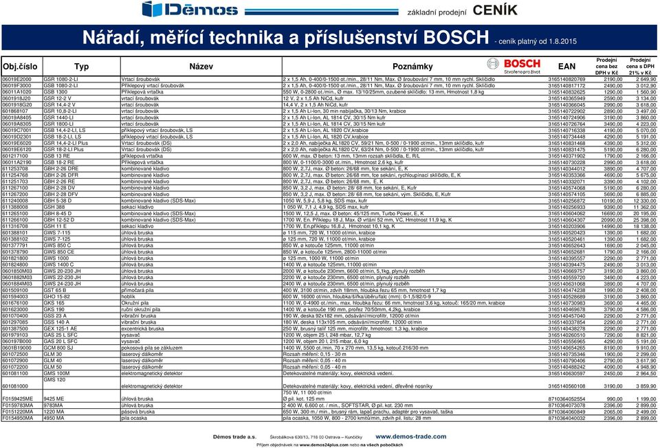 Ø šroubování 7 mm, 10 mm rychl. Sklíčidlo 3165140817172 2490,00 3 012,90 06011A1020 GSB 1300 Příklepová vrtačka 550 W, 0-2800 ot./min., Ø max.