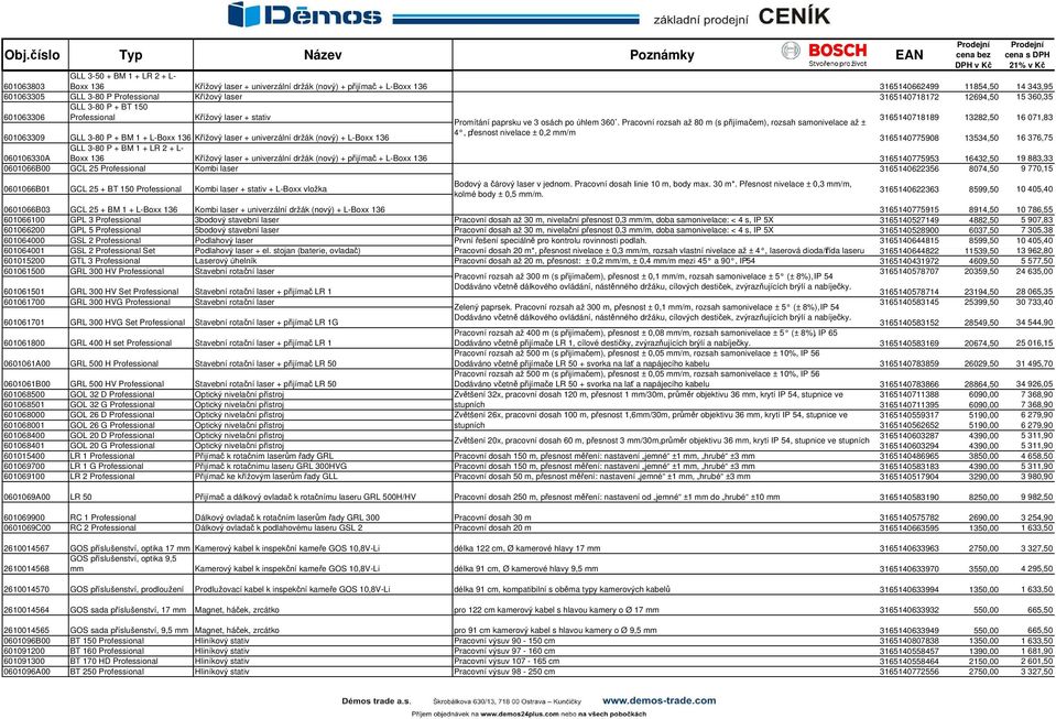 Pracovní rozsah až 80 m (s přijímačem), rozsah samonivelace až ± 3165140718189 13282,50 16 071,83 601063309 GLL 3-80 P + BM 1 + L-Boxx 136 Křížový laser + univerzální držák (nový) + L-Boxx 136 4,