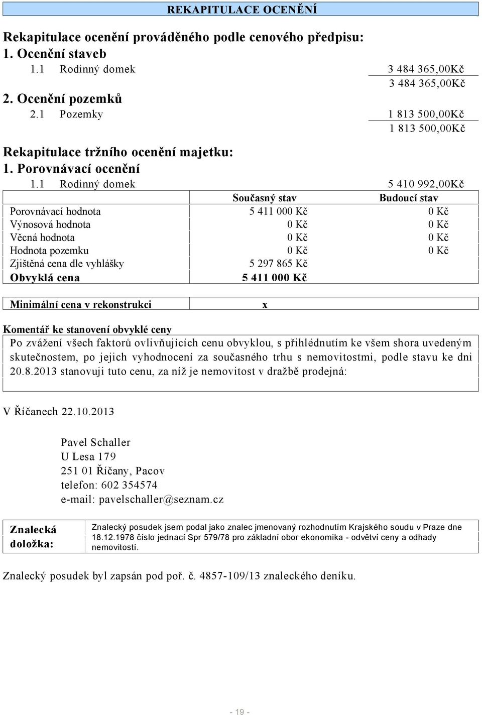 1 Rodinný domek 5 410 992,00Kč Současný stav Budoucí stav Porovnávací hodnota 5 411 000 Kč 0 Kč Výnosová hodnota 0 Kč 0 Kč Věcná hodnota 0 Kč 0 Kč Hodnota pozemku 0 Kč 0 Kč Zjištěná cena dle vyhlášky