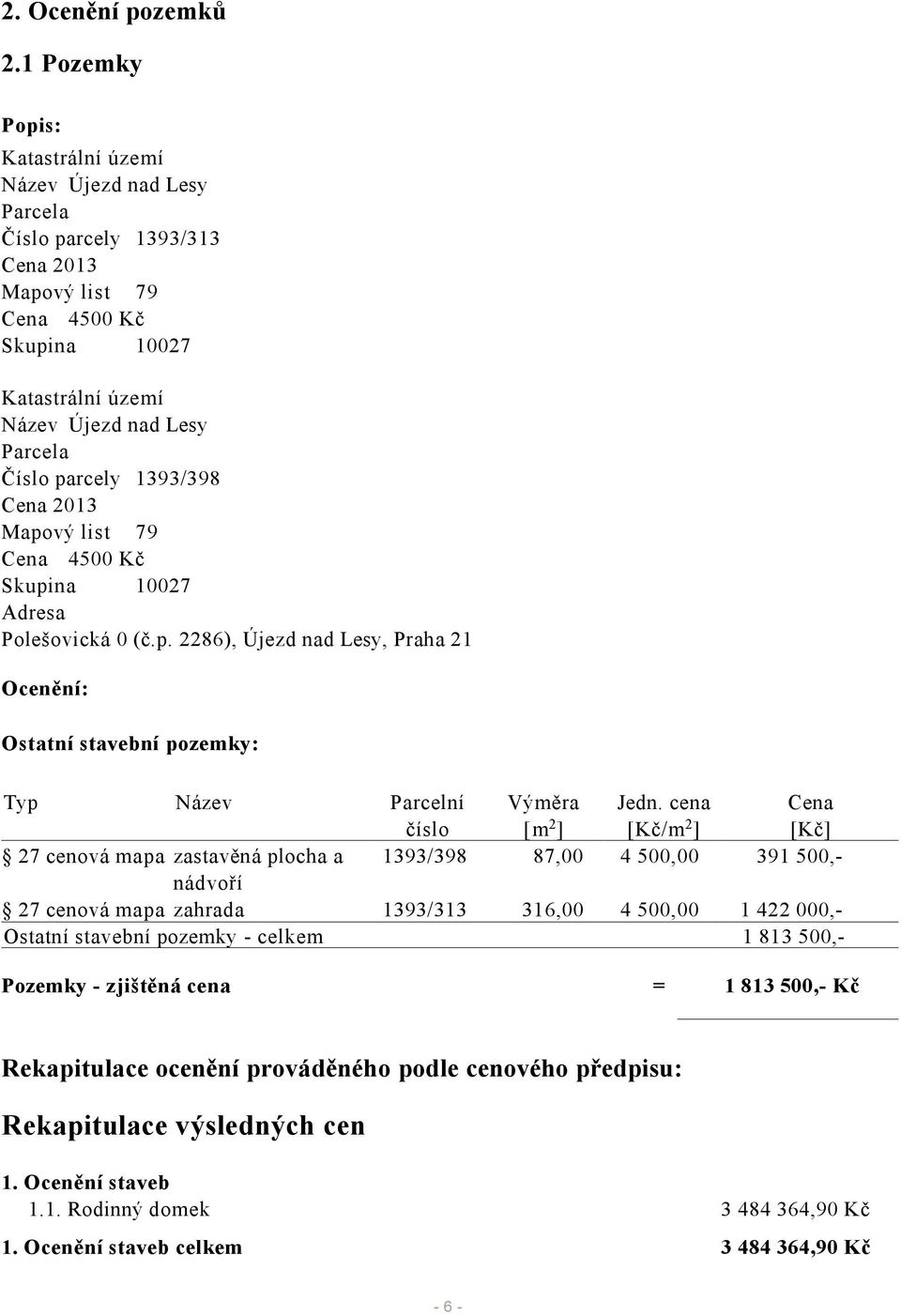 1393/398 Cena 2013 Mapový list 79 Cena 4500 Kč Skupina 10027 Adresa Polešovická 0 (č.p. 2286), Újezd nad Lesy, Praha 21 Ocenění: Ostatní stavební pozemky: Typ Název Parcelní číslo Výměra [m 2 ] Jedn.