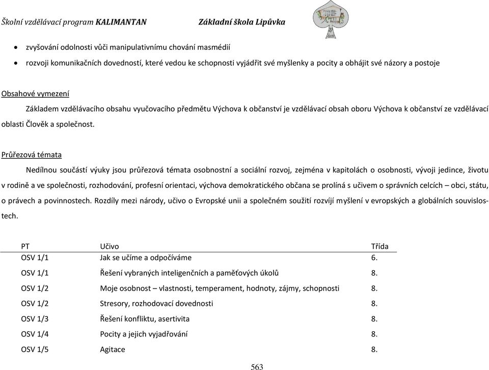 Průřezová témata Nedílnou součástí výuky jsou průřezová témata osobnostní a sociální rozvoj, zejména v kapitolách o osobnosti, vývoji jedince, životu v rodině a ve společnosti, rozhodování, profesní