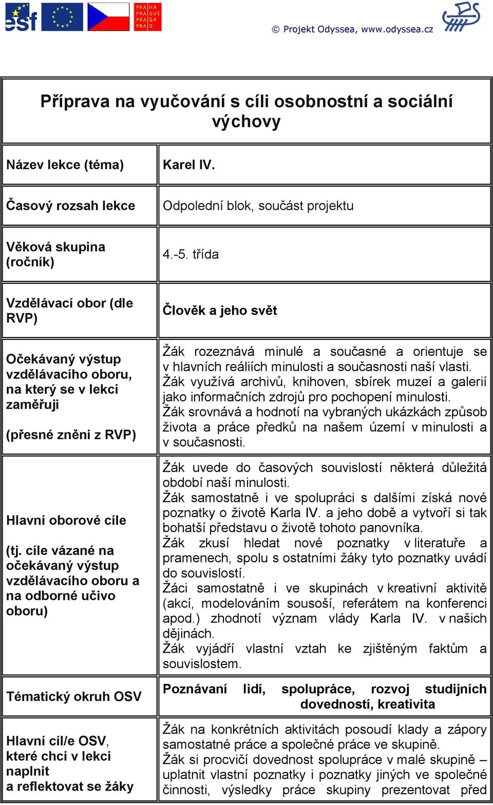 cíle vázané na očekávaný výstup vzdělávacího oboru a na odborné učivo oboru) Tématický okruh OSV Hlavní cíl/e OSV, které chci v lekci naplnit a reflektovat se žáky Člověk a jeho svět Žák rozeznává