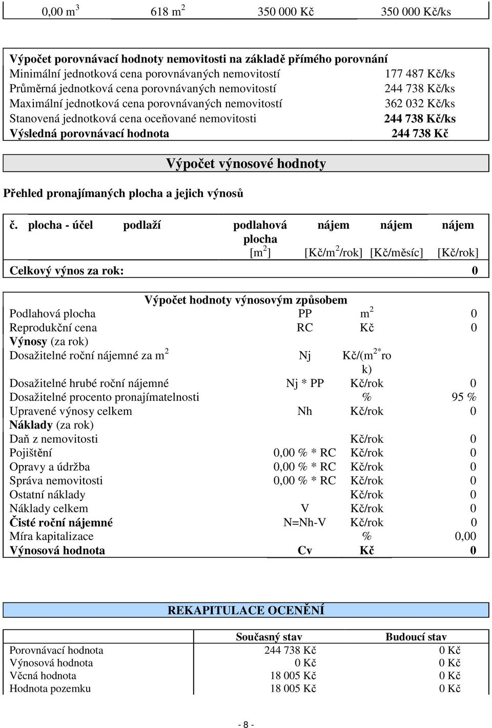 hodnota 244 738 Kč Přehled pronajímaných plocha a jejich výnosů Výpočet výnosové hodnoty č.