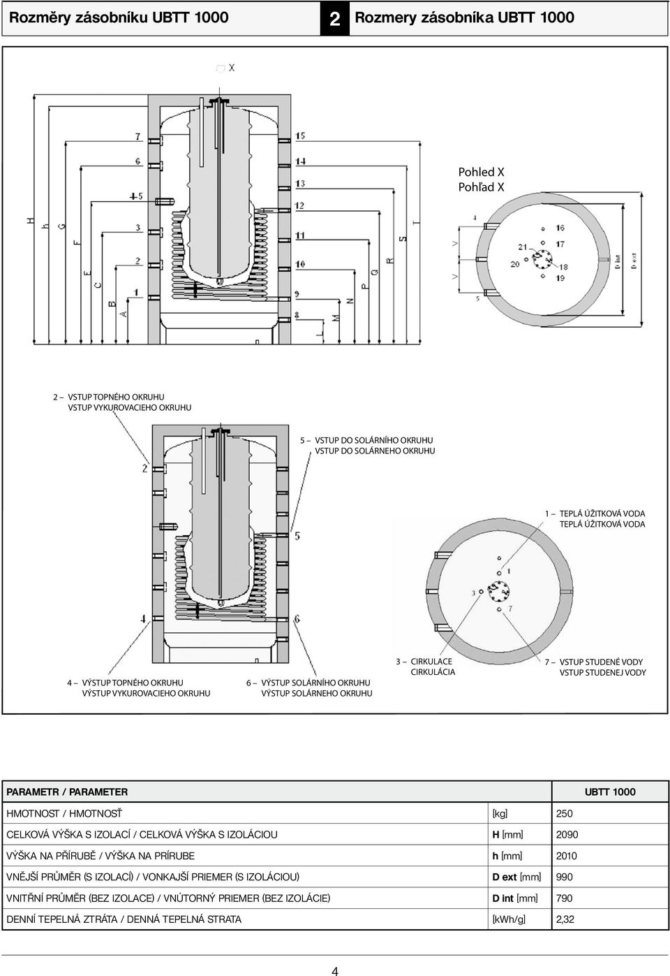 STUDENEJ VODY PARAMETR / PARAMETER UBTT 1000 HMOTNOST / HMOTNOSŤ [kg] 250 CELKOVÁ VÝŠKA S IZOLACÍ / CELKOVÁ VÝŠKA S IZOLÁCIOU H [mm] 2090 VÝŠKA NA PŘÍRUBĚ / VÝŠKA NA PRÍRUBE h [mm] 2010 VNĚJŠÍ