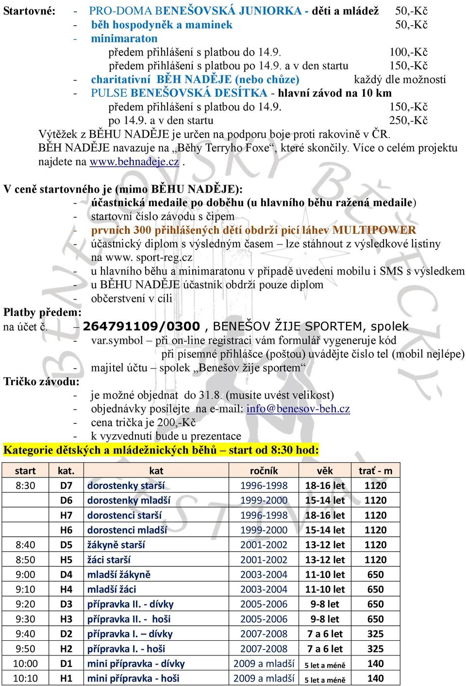 a v den startu 150,-Kč - charitativní BĚH NADĚJE (nebo chůze) každý dle možností - PULSE BENEŠOVSKÁ DESÍTKA - hlavní závod na 10 km předem přihlášení s platbou do 14.9.