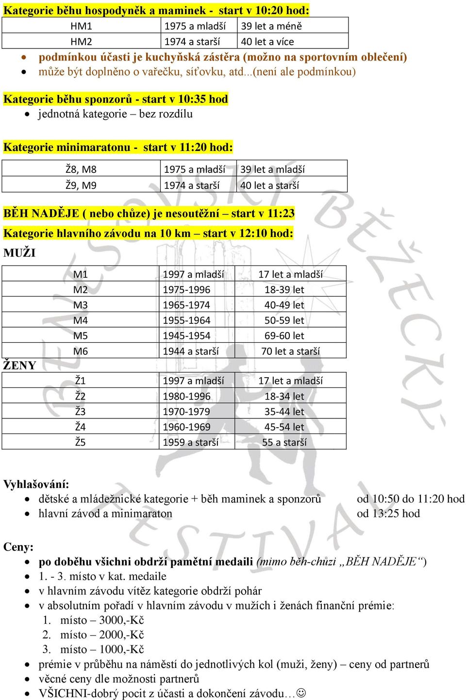 ..(není ale podmínkou) Kategorie běhu sponzorů - start v 10:35 hod jednotná kategorie bez rozdílu Kategorie minimaratonu - start v 11:20 hod: Ž8, M8 1975 a mladší 39 let a mladší Ž9, M9 1974 a starší