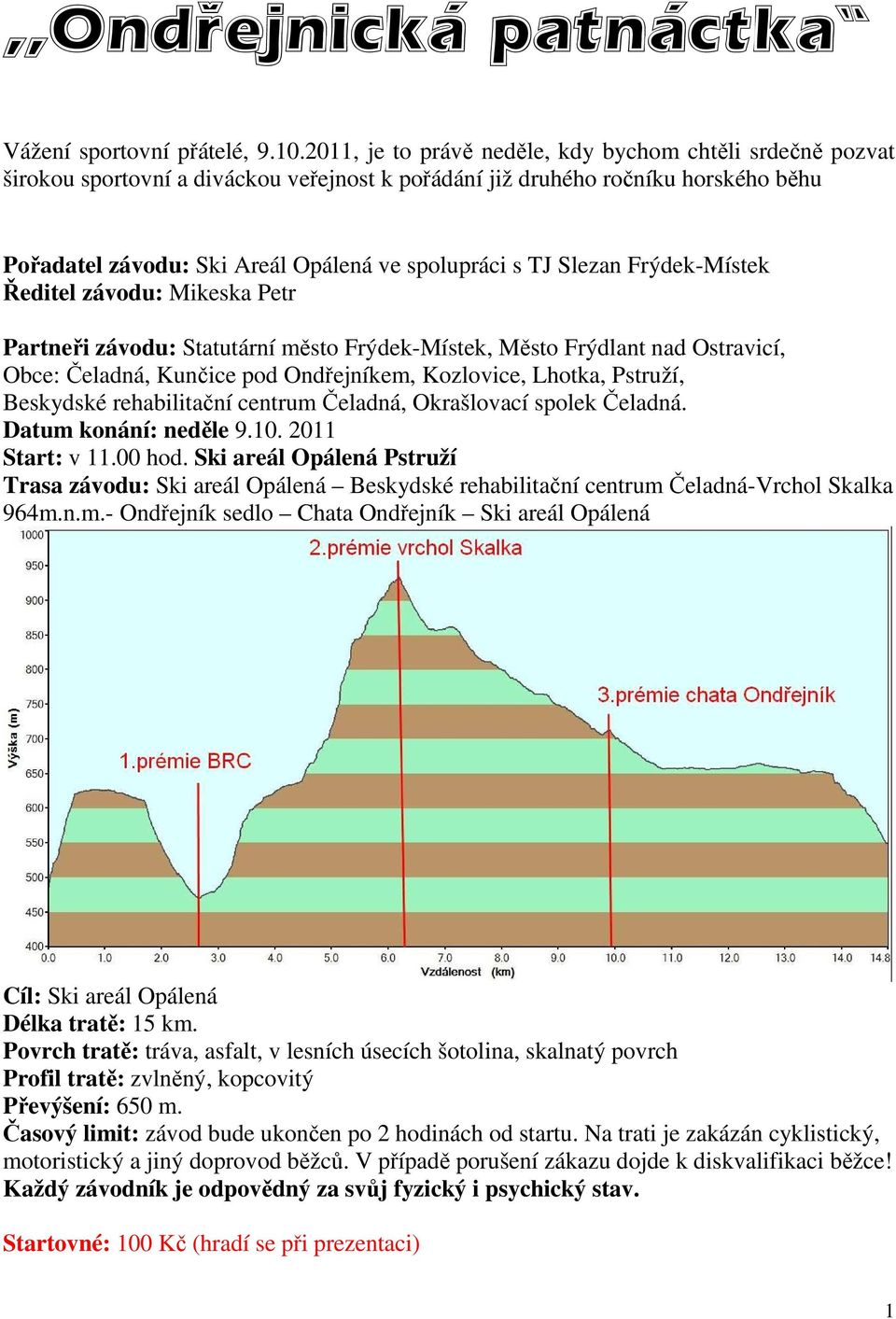 Slezan Frýdek-Místek Ředitel závodu: Mikeska Petr Partneři závodu: Statutární město Frýdek-Místek, Město Frýdlant nad Ostravicí, Obce: Čeladná, Kunčice pod Ondřejníkem, Kozlovice, Lhotka, Pstruží,