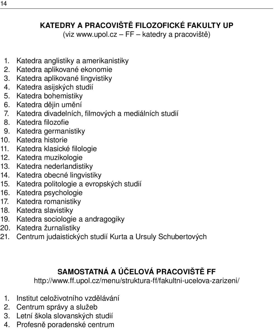 Katedra klasické fi lologie 12. Katedra muzikologie 13. Katedra nederlandistiky 14. Katedra obecné lingvistiky 15. Katedra politologie a evropských studií 16. Katedra psychologie 17.