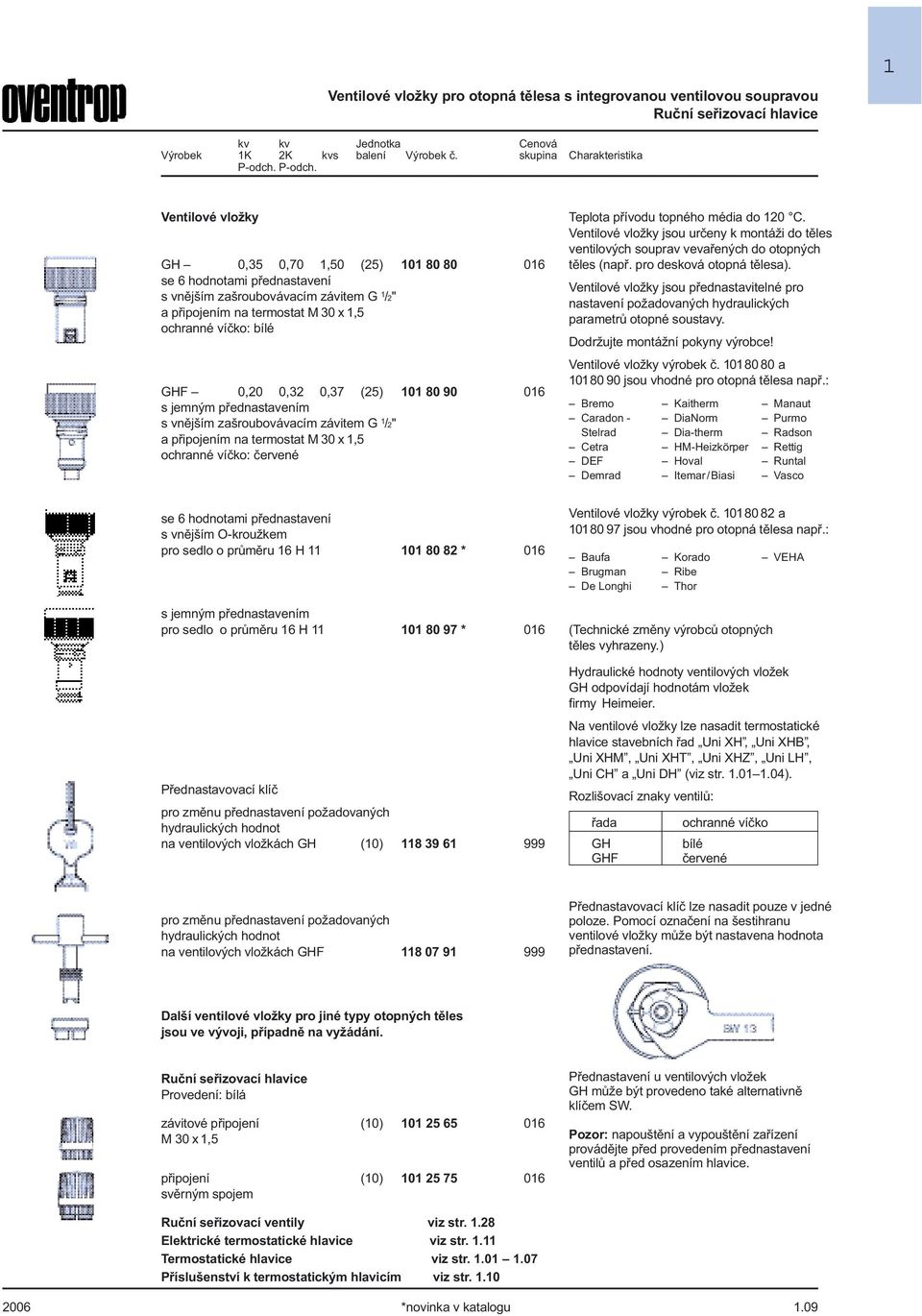 Ventilové vložky GH 0,35 0,70 1,50 (25) 101 80 80 016 se 6 hodnotami pøednastavení s vnìjším zašroubovávacím závitem G 1 /2" a pøipojením na termostat M 30 x 1,5 ochranné víèko: bílé GHF 0,20 0,32