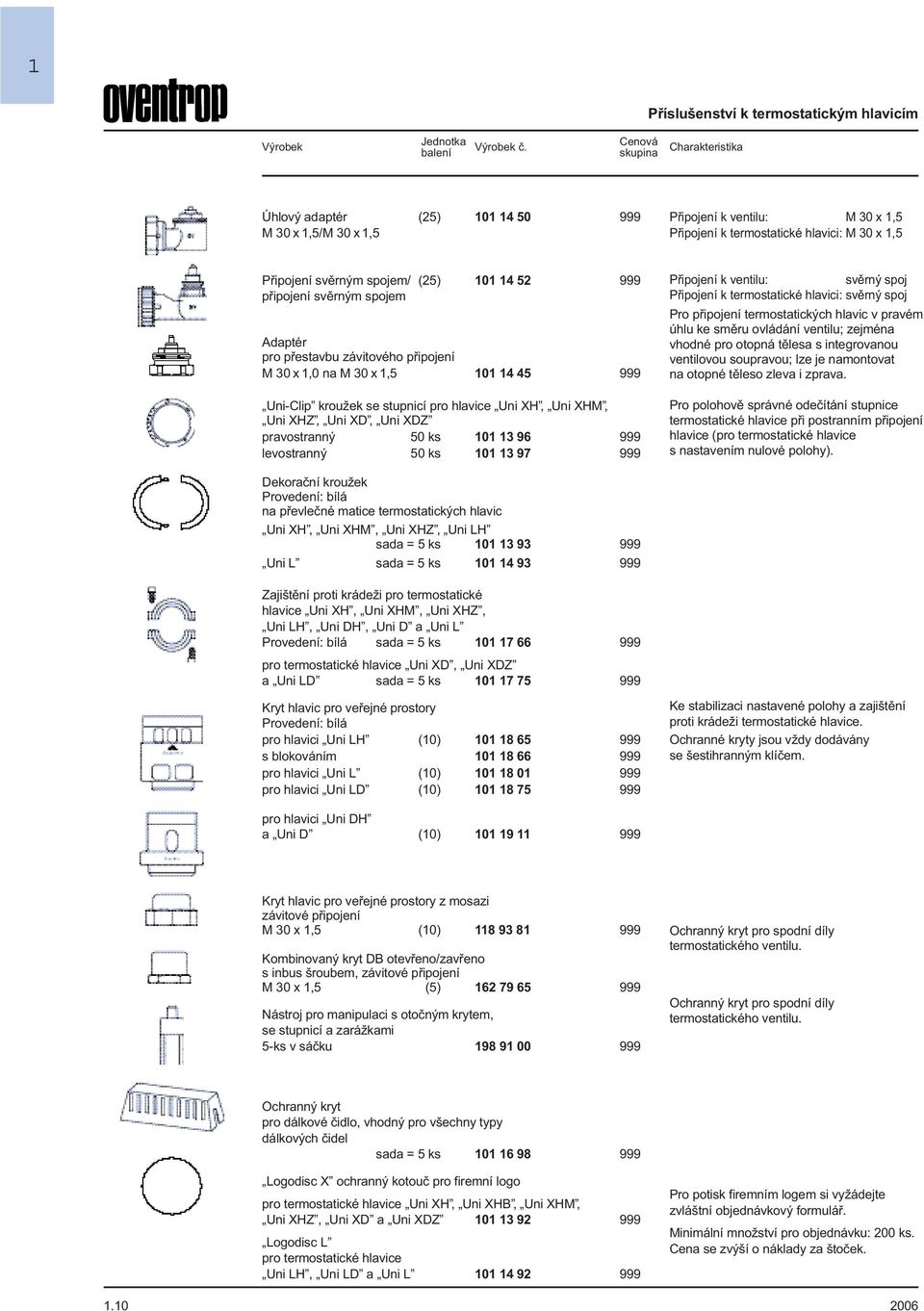 spojem Adaptér pro pøestavbu závitového pøipojení M 30 x 1,0 na M 30 x 1,5 101 14 45 999 Uni-Clip kroužek se stupnicí pro hlavice Uni XH, Uni XHM, Uni XHZ, Uni XD, Uni XDZ pravostranný 50 ks 101 13