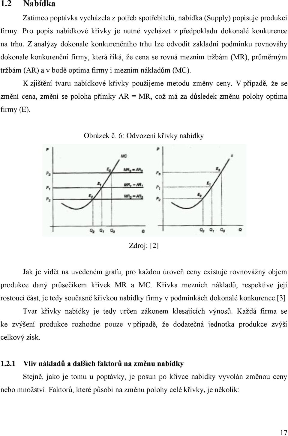 i mezním nákladům (MC). K zjištění tvaru nabídkové křivky pouţijeme metodu změny ceny. V případě, ţe se změní cena, změní se poloha přímky AR = MR, coţ má za důsledek změnu polohy optima firmy (E).