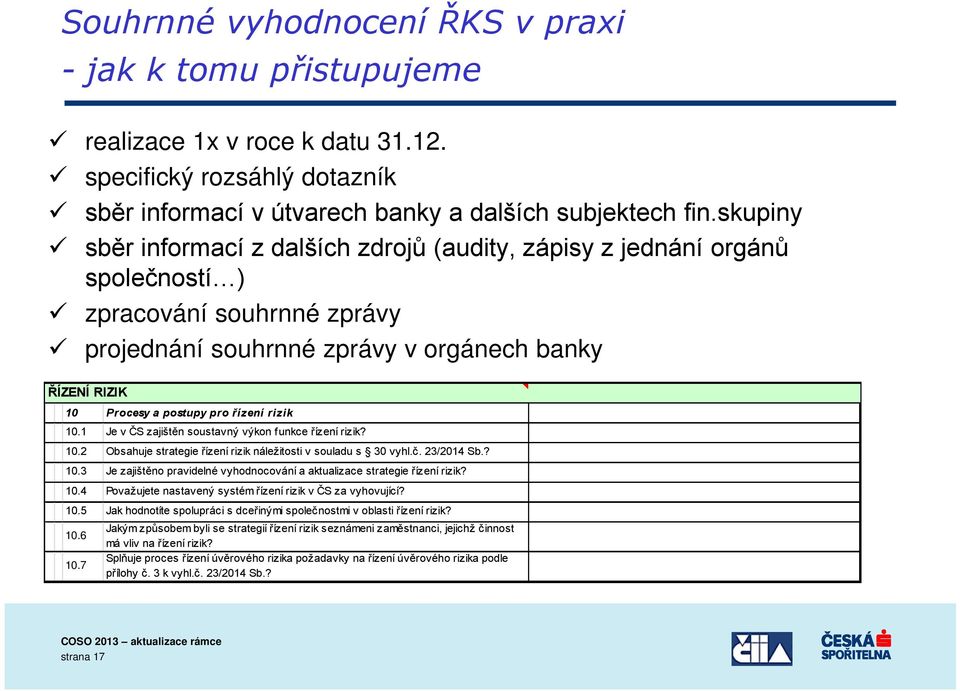 řízení rizik 10.1 Je v ČS zajištěn soustavný výkon funkce řízení rizik? 10.2 Obsahuje strategie řízení rizik náležitosti v souladu s 30 vyhl.č. 23/2014 Sb.? 10.3 Je zajištěno pravidelné vyhodnocování a aktualizace strategie řízení rizik?