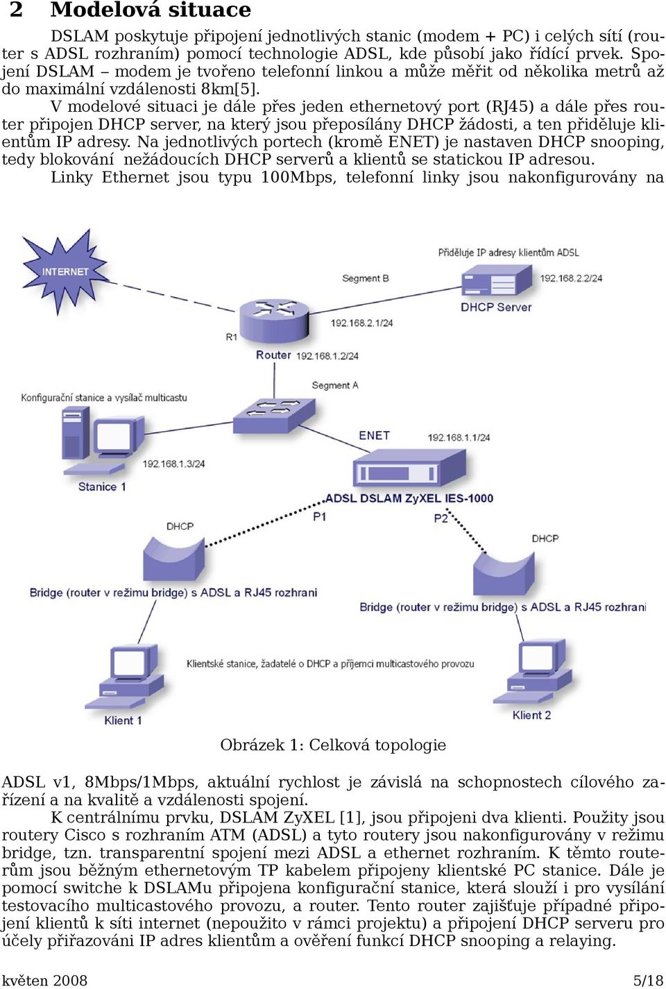 V modelové situaci je dále přes jeden ethernetový port (RJ45) a dále přes router připojen DHCP server, na který jsou přeposílány DHCP žádosti, a ten přiděluje klientům IP adresy.