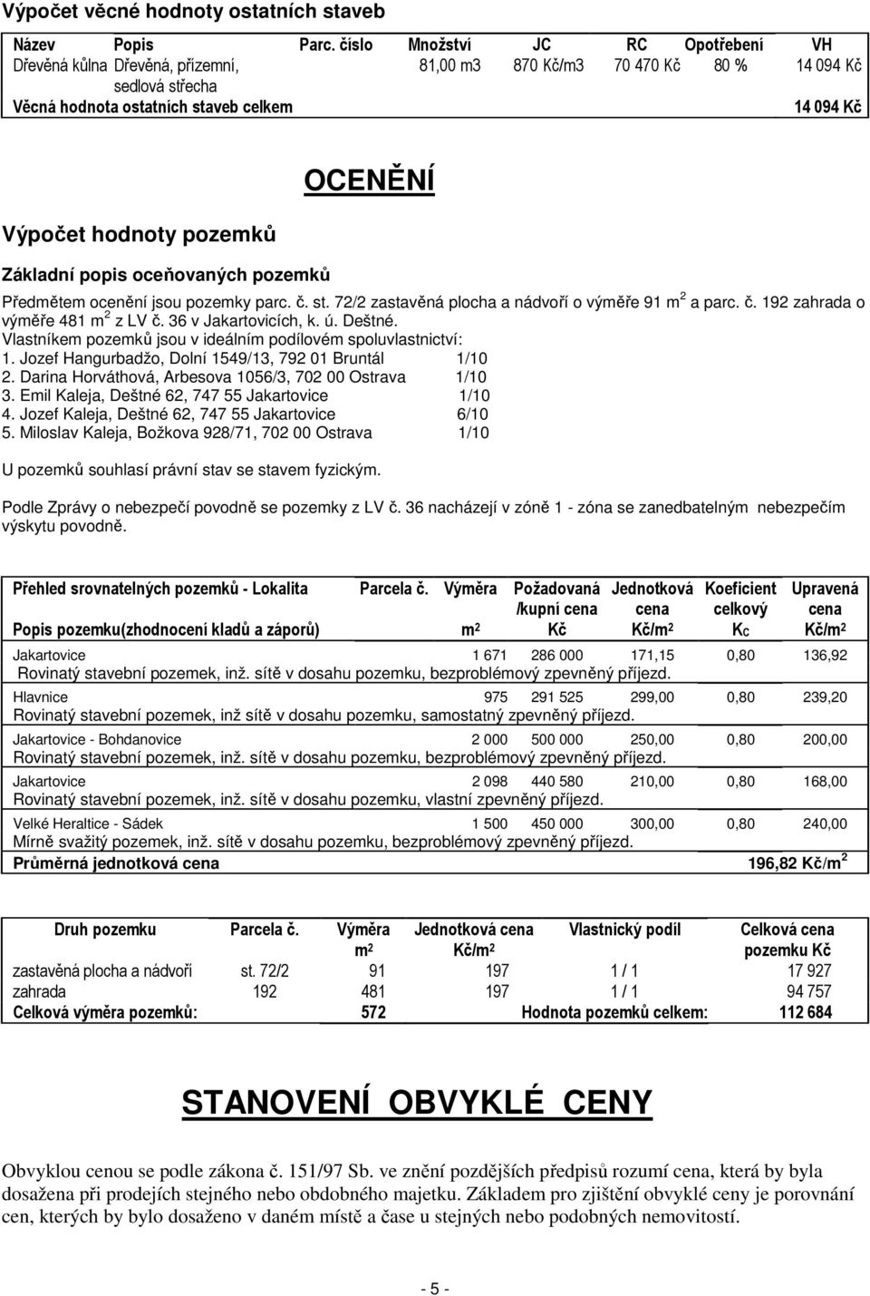 Základní popis oceňovaných pozemků OCENĚNÍ Předmětem ocenění jsou pozemky parc. č. st. 72/2 zastavěná plocha a nádvoří o výměře 91 m 2 a parc. č. 192 zahrada o výměře 481 m 2 z LV č.