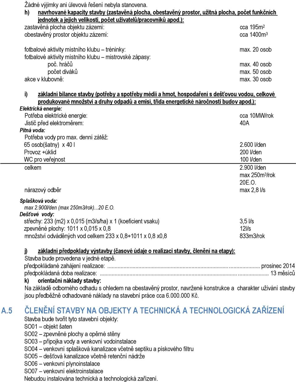 ): zastavěná plocha objektu zázemí: cca 195m 2 obestavěný prostor objektu zázemí: cca 1400m 3 fotbalové aktivity místního klubu tréninky: fotbalové aktivity místního klubu mistrovské zápasy: poč.