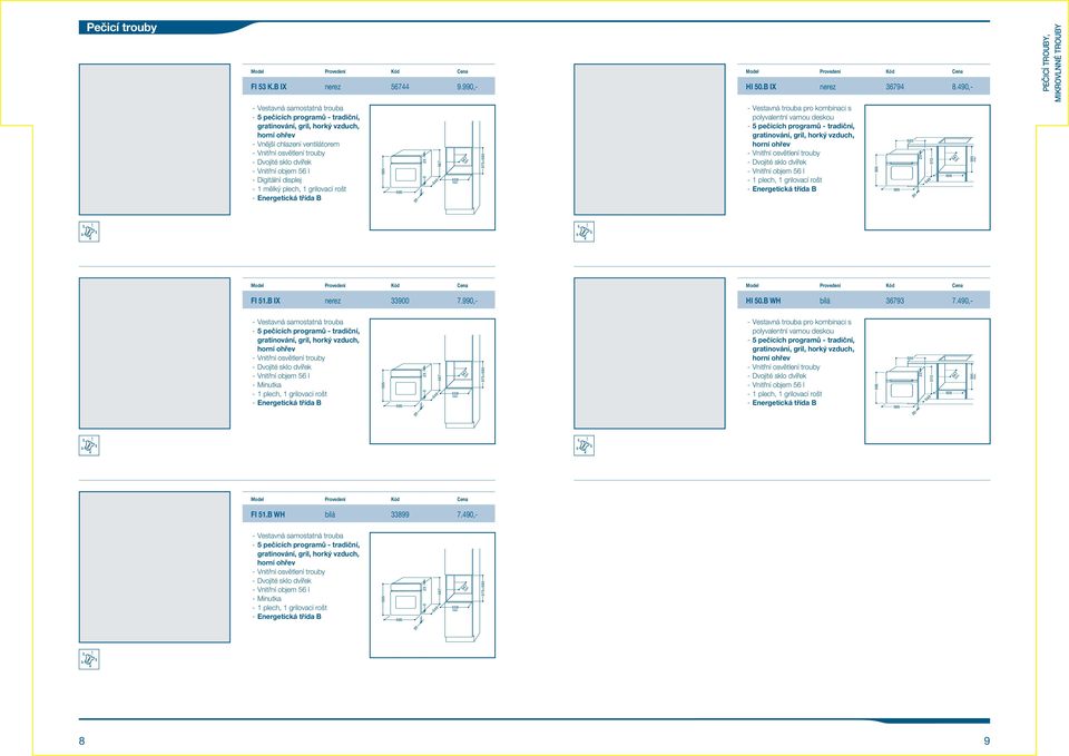 1 ovací rošt - Energetická třída 0 67 4 8 47 7 8 - Vestavná trouba pro kombinaci s polyvalentní varnou deskou - pečicích programů -,,,, - Dvojité sklo dvířek - Vnitřní objem 6 l - 1 plech, 1 ovací