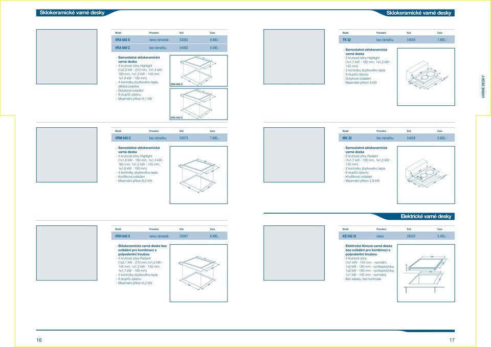 Maximální příkon 6,7 kw VR 640 X 60 74 90 04 0 - Samostatná sklokeramická - kruhové zóny (1x1,7 kw - mm, 1x1, kw - 14 mm) - kontrolky zbytkového tepla - 9 stupňů u - Dotykové ovládání - Maximální