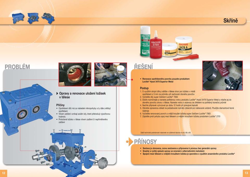 S využitím strojní dílny zvětšte v tělese otvor pro ložisko v místě opotřebení o 3 mm na průměru při zachování drsného povrchu 2. Vyčistěte díly super čističem Loctite 7063 3.