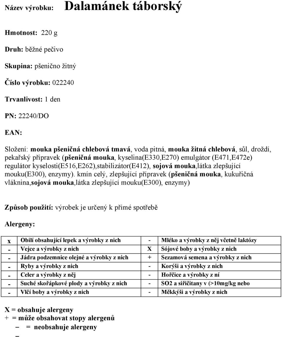 kyselosti(e516,e262),stabilizátor(e412), sojová mouka,látka zlepšující mouku(e300), enzymy).
