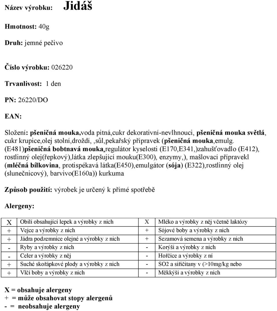 (E481)pšeničná bobtnavá mouka,regulátor kyselosti (E170,E341,)zahušťovadlo (E412), rostlinný olej(řepkový),látka zlepšující mouku(e300), enzymy,), mašlovací přípravekl (mléčná bílkovina, protispékavá