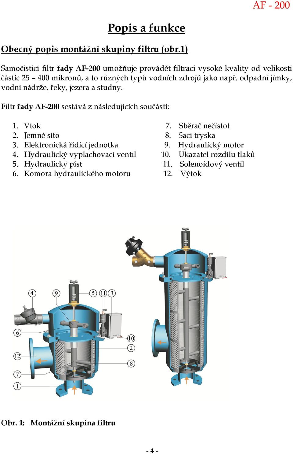 např. odpadní jímky, vodní nádrže, řeky, jezera a studny. Filtr řady AF-200 sestává z následujících součástí: 1. Vtok 7. Sběrač nečistot 2.