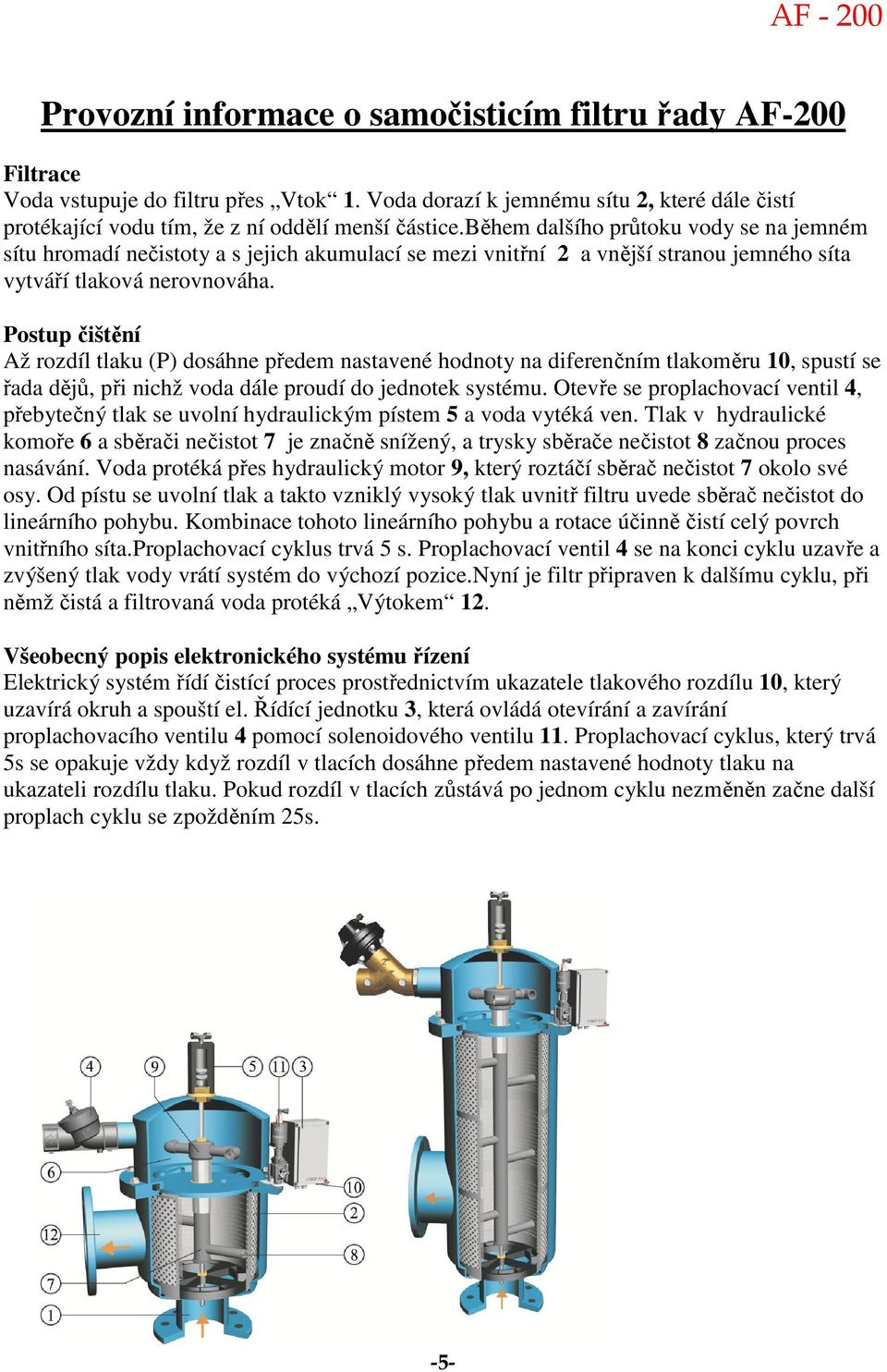 Postup čištění Až rozdíl tlaku (P) dosáhne předem nastavené hodnoty na diferenčním tlakoměru 10, spustí se řada dějů, při nichž voda dále proudí do jednotek systému.