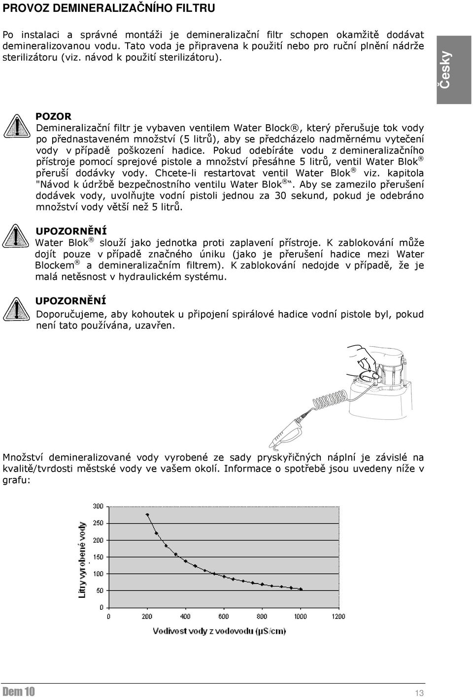 English Česky POZOR Demineralizační filtr je vybaven ventilem Water Block, který přerušuje tok vody po přednastaveném množství (5 litrů), aby se předcházelo nadměrnému vytečení vody v případě