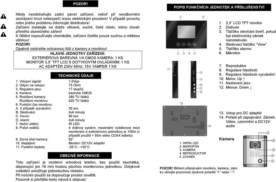 Opatrně odstraňte ochrannou fólii z kamery a monitoru!