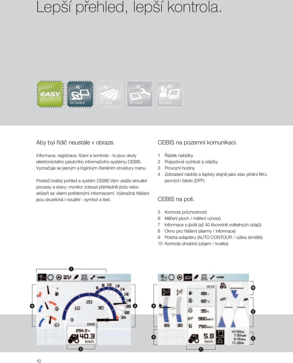 Postačí krátký pohled a systém CEBIS Vám ukáže aktuální procesy a stavy: monitor zobrazí přehledně jízdu nebo sklizeň se všemi potřebnými informacemi.