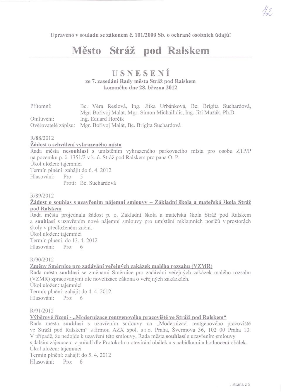 Brigita Suchardová R/88/20 12 Žádost o schválení vyhrazeného místa Rada města nesouhlasí s umístěním vyhrazeného parkovacího místa pro osobu ZTPIP na pozemku p. č. 1351/2 v k. ú.