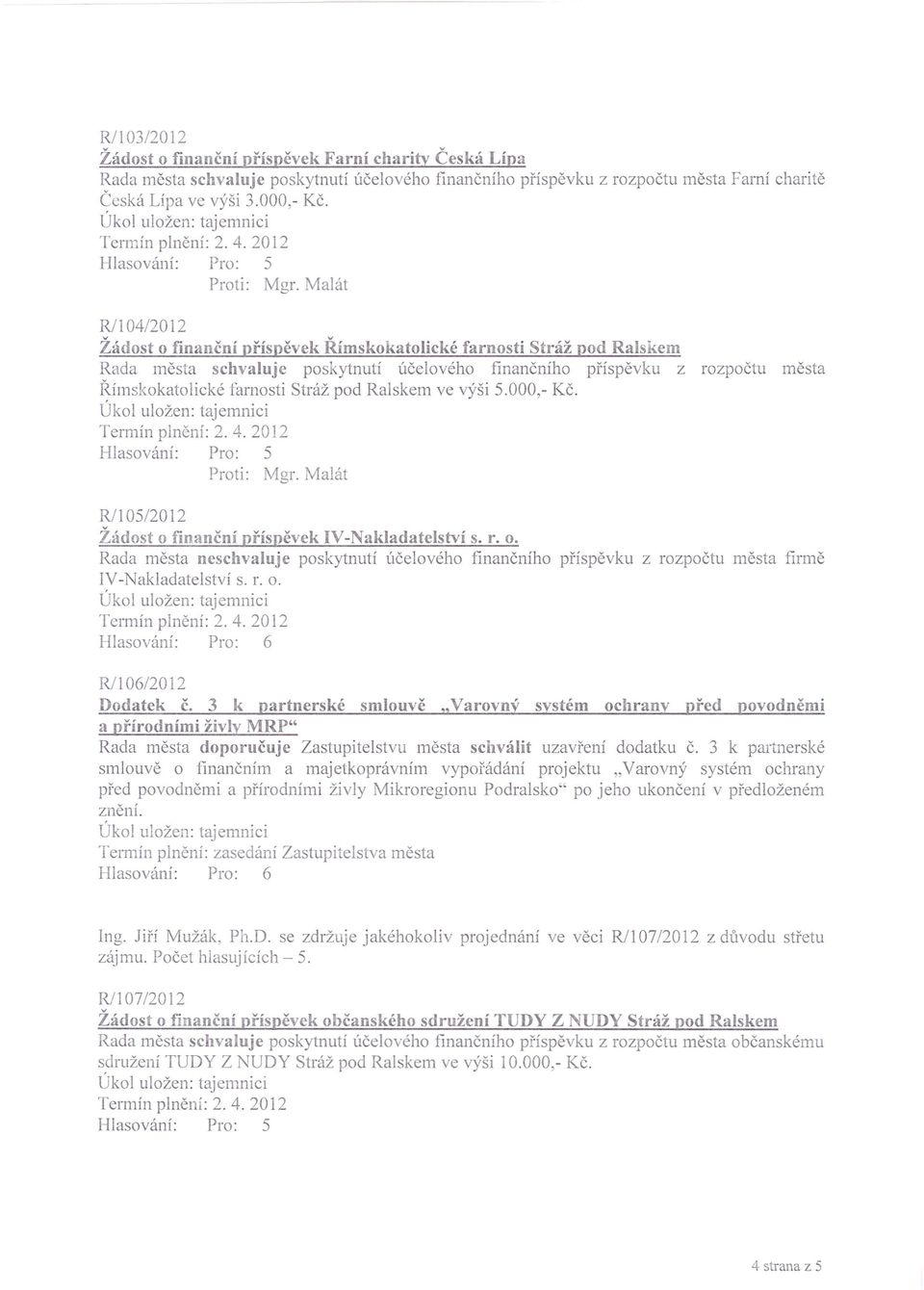 Ralskem ve výši 5.000,- Kč. RJ105/2012 Žádost o finanční příspěvek IV-Nakladatelství s. r. o. Rada města neschvaluje poskytnutí účelového finančního příspěvku z rozpočtu města firmě IV-Nakladatelství s.