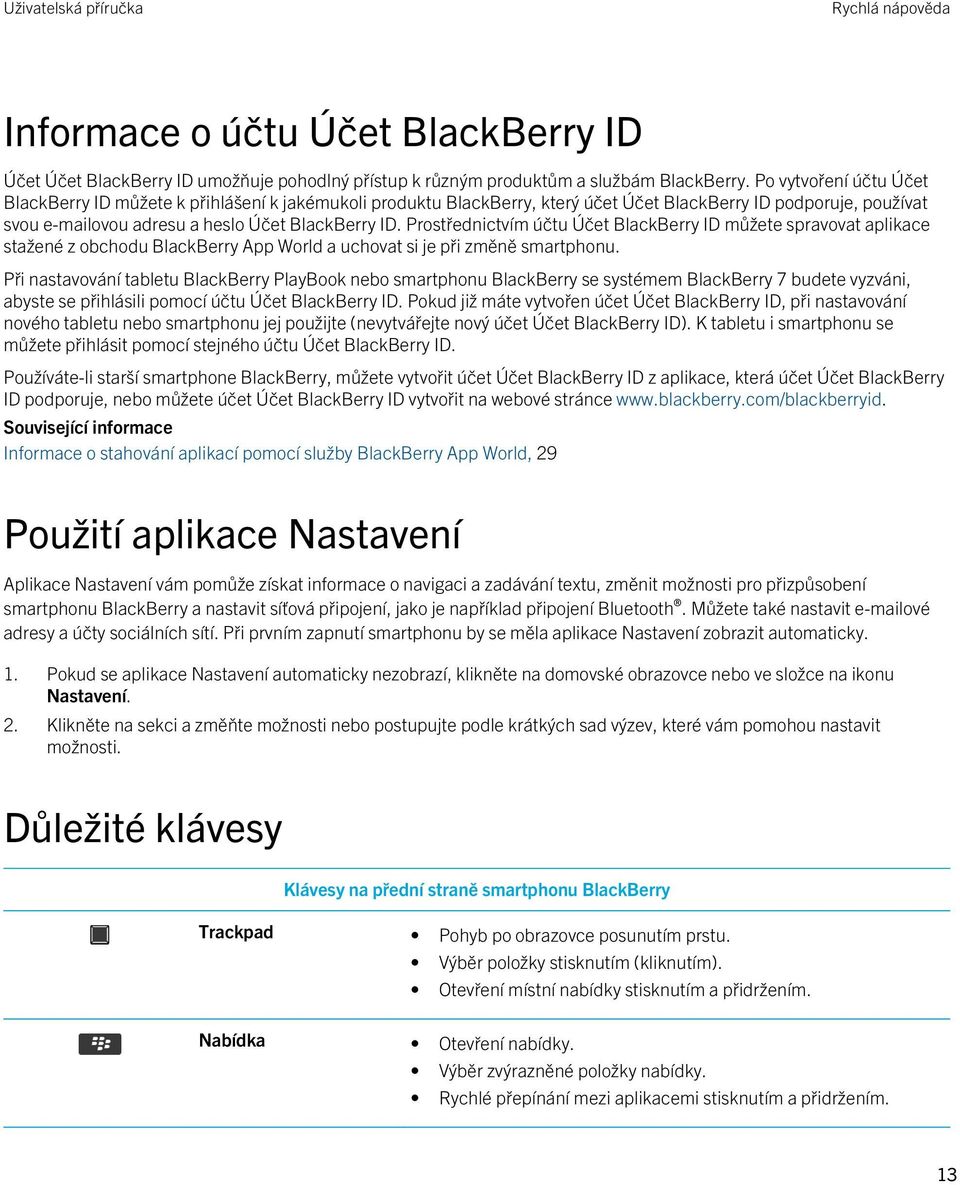 Prostřednictvím účtu Účet BlackBerry ID můžete spravovat aplikace stažené z obchodu BlackBerry App World a uchovat si je při změně smartphonu.