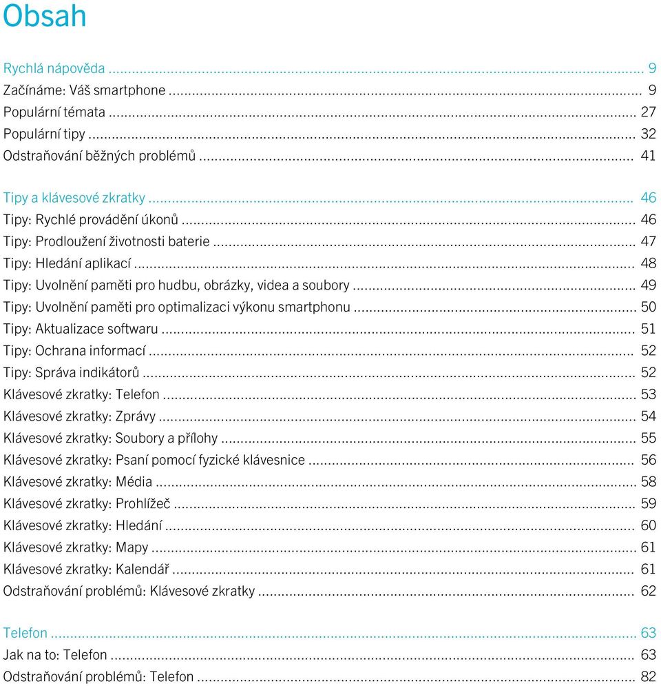 .. 50 Tipy: Aktualizace softwaru... 51 Tipy: Ochrana informací... 52 Tipy: Správa indikátorů... 52 Klávesové zkratky: Telefon... 53 Klávesové zkratky: Zprávy... 54 Klávesové zkratky: Soubory a přílohy.