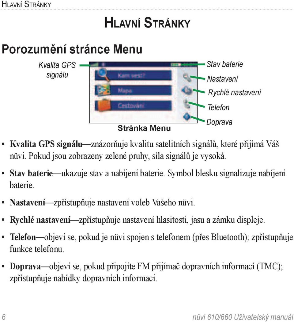 Symbol blesku signalizuje nabíjení baterie. Nastavení zpřístupňuje nastavení voleb Vašeho nüvi. Rychlé nastavení zpřístupňuje nastavení hlasitosti, jasu a zámku displeje.