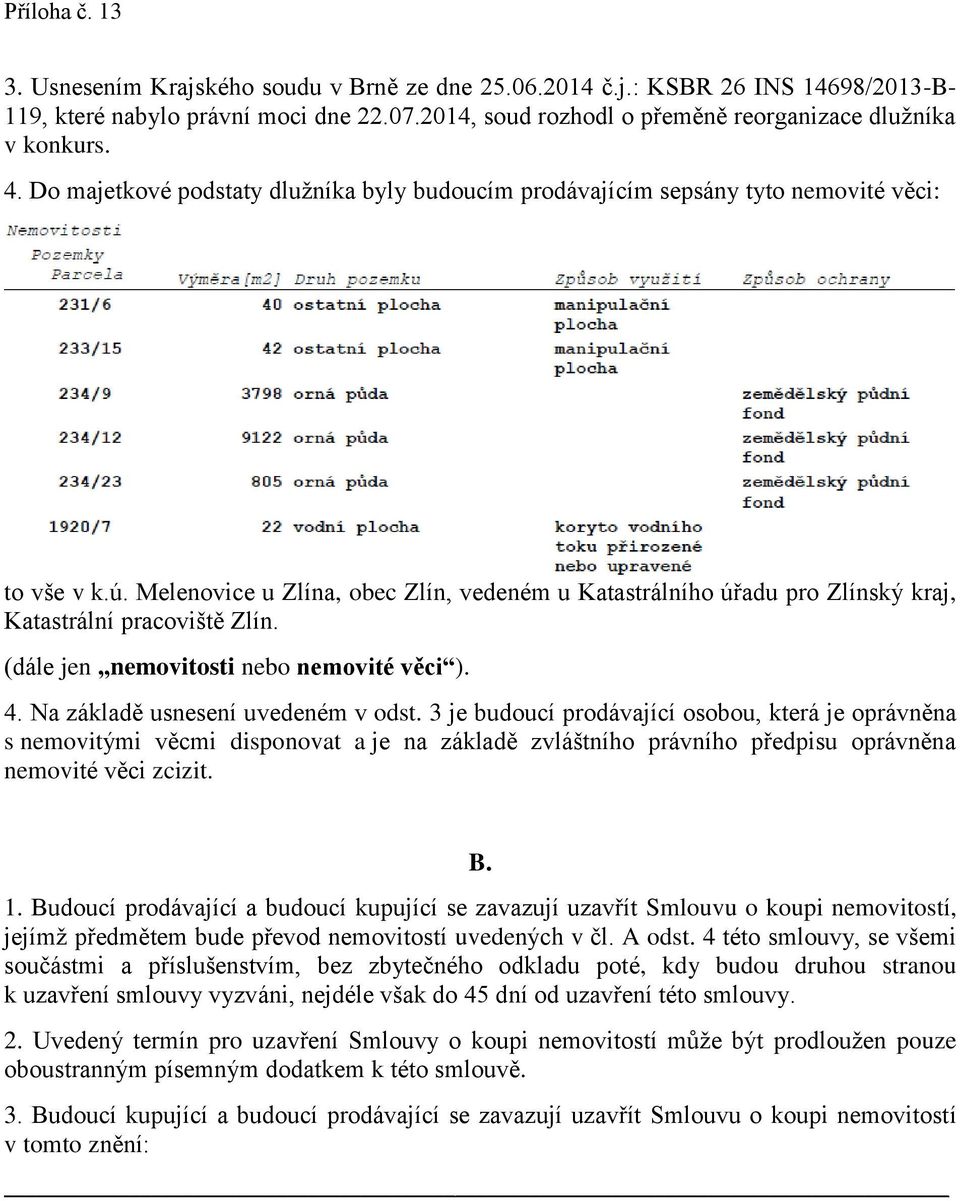 Melenovice u Zlína, obec Zlín, vedeném u Katastrálního úřadu pro Zlínský kraj, Katastrální pracoviště Zlín. (dále jen nemovitosti nebo nemovité věci ). 4. Na základě usnesení uvedeném v odst.