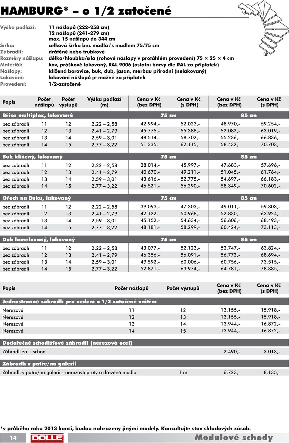 barvy dle RAL za příplatek) klížená borovice, buk, dub, jasan, merbau přírodní (nelakovaný) lakování nášlapů je možné za příplatek 1/2-zatočené Počet nášlapů Počet výstupů Výška podlaží (m) (s DPH)