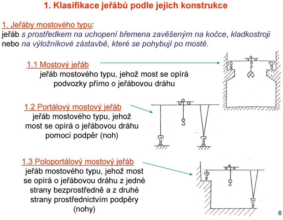 po mostě. 1.1 Mostový jeřáb jeřáb mostového typu, jehoţ most se opírá podvozky přímo o jeřábovou dráhu 1.