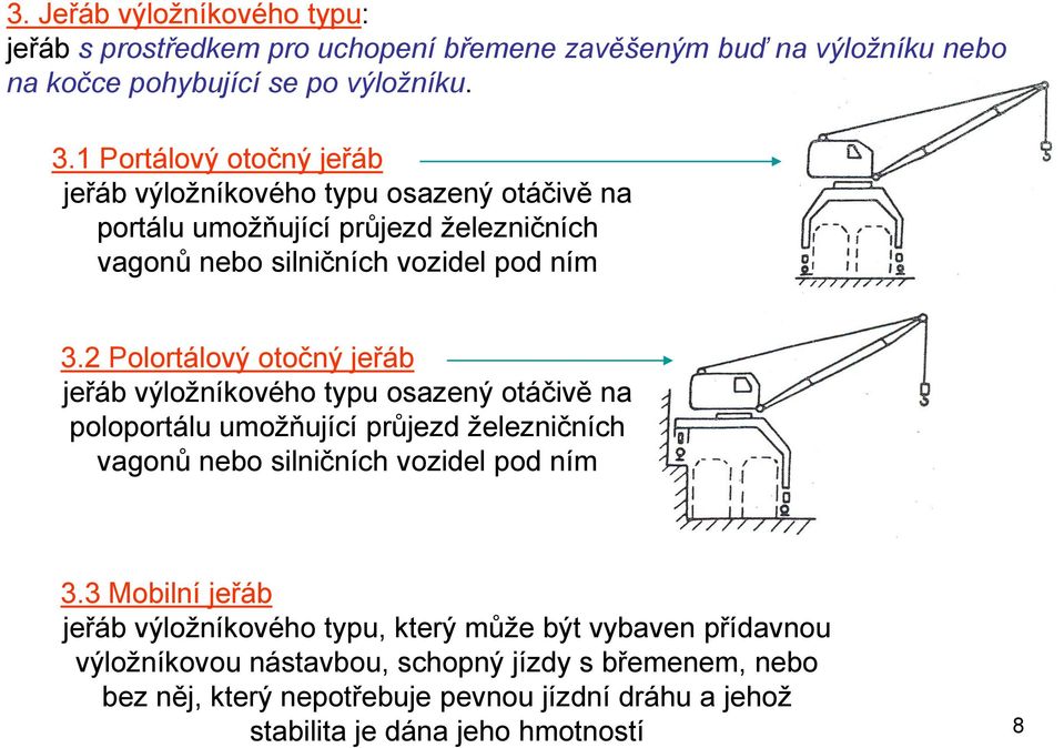 2 Polortálový otočný jeřáb jeřáb výloţníkového typu osazený otáčivě na poloportálu umoţňující průjezd ţelezničních vagonů nebo silničních vozidel pod ním 3.