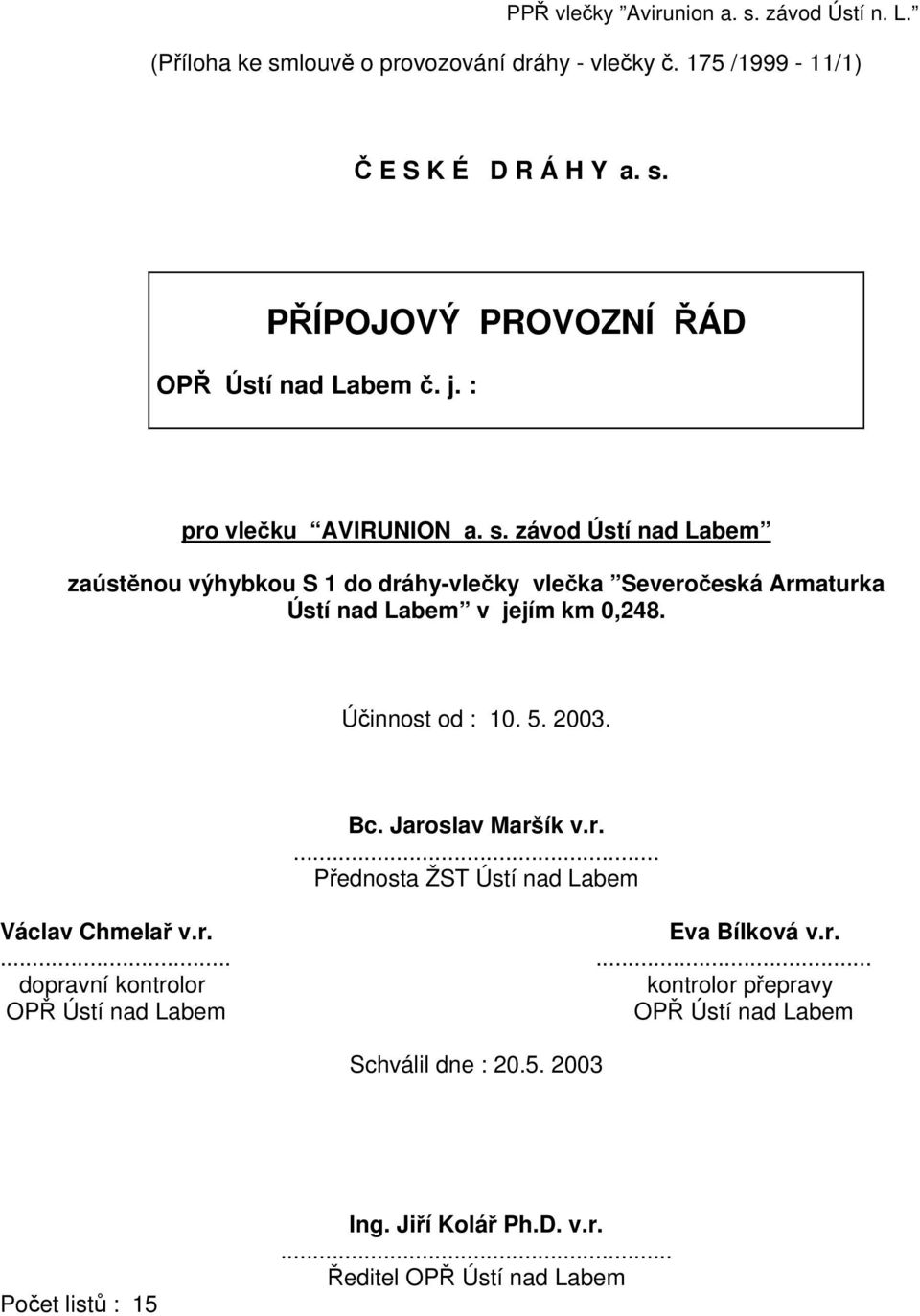 Účinnost od : 10. 5. 2003. Bc. Jaroslav Maršík v.r.... Přednosta ŽST Ústí nad Labem Václav Chmelař v.r. Eva Bílková v.r....... dopravní kontrolor kontrolor přepravy OPŘ Ústí nad Labem OPŘ Ústí nad Labem Schválil dne : 20.