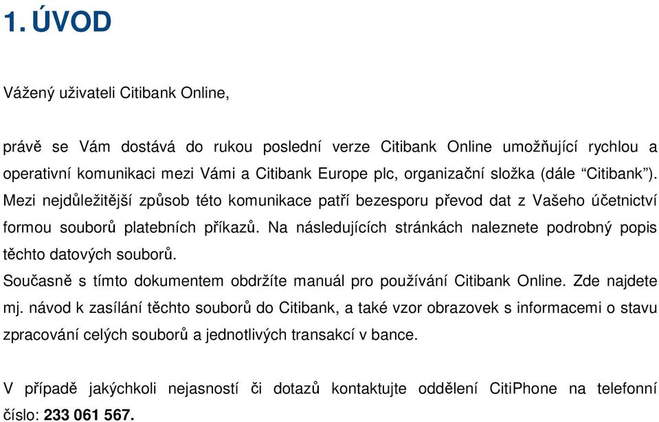 Na následujících stránkách naleznete podrobný popis těchto datových souborů. Současně s tímto dokumentem obdržíte manuál pro používání Citibank Online. Zde najdete mj.