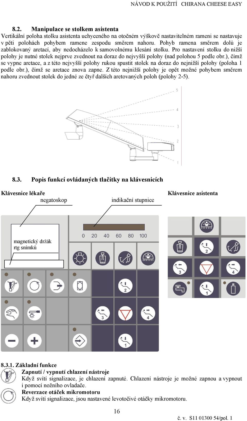 Pro nastavení stolku do nžší polohy je nutné stolek nejprve zvednout na doraz do nejvyšší polohy (nad polohou 5 podle obr.