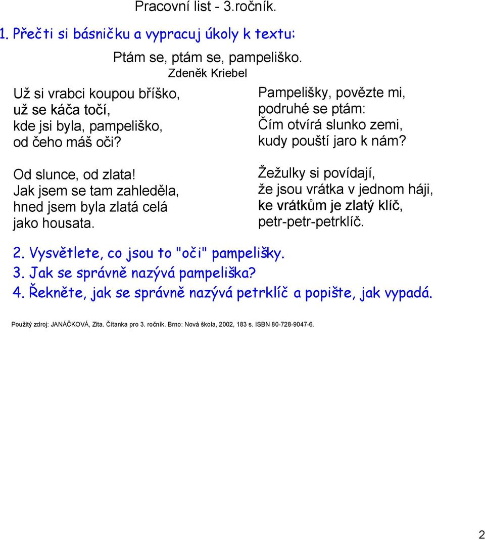 Jak jsem se tam zahleděla, hned jsem byla zlatá celá jako housata. Žežulky si povídají, že jsou vrátka v jednom háji, ke vrátkům je zlatý klíč, petr petr petrklíč. 2.