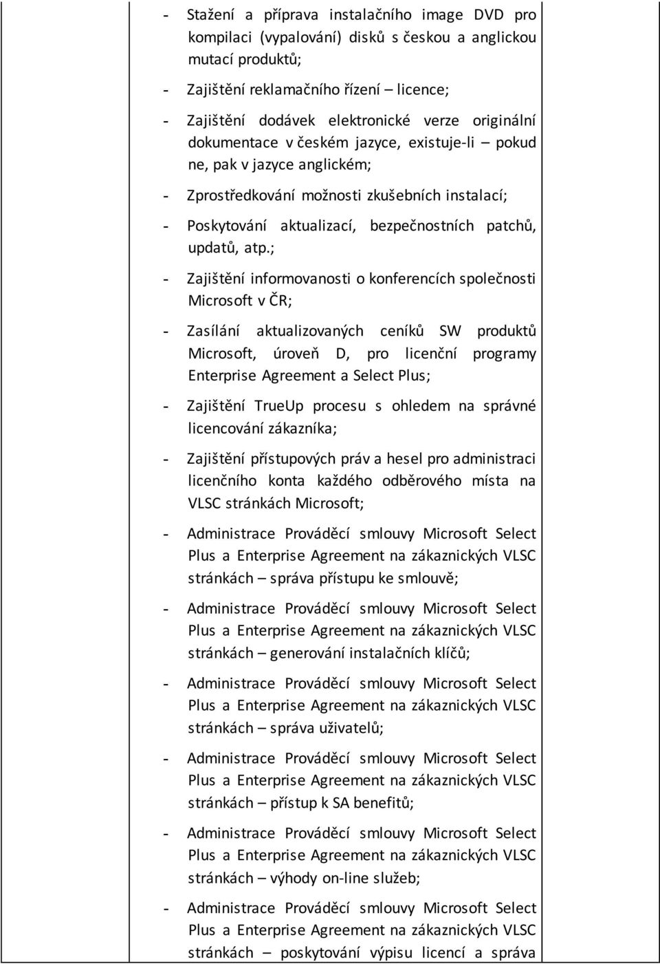 ; - Zajištění informovanosti o konferencích společnosti Microsoft v ČR; - Zasílání aktualizovaných ceníků SW produktů Microsoft, úroveň D, pro licenční programy Agreement a Select Plus; - Zajištění