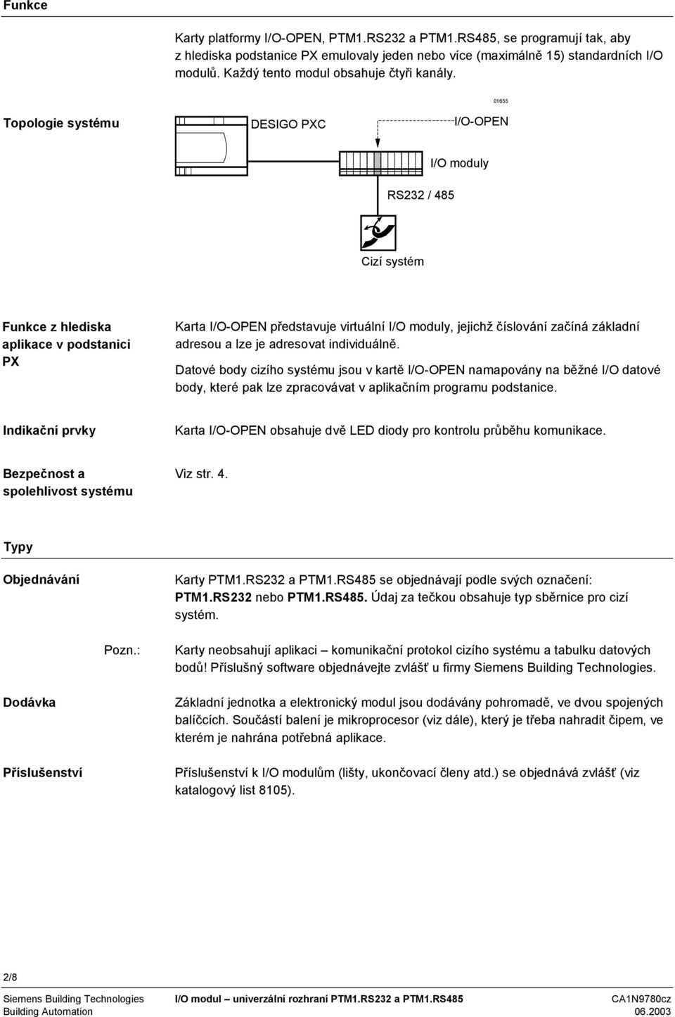01655 Topologie systému DESIGO PXC I/O-OPEN I/O moduly RS232 / 485 Cizí systém Funkce z hlediska aplikace v podstanici PX Karta I/O-OPEN představuje virtuální I/O moduly, jejichž číslování začíná