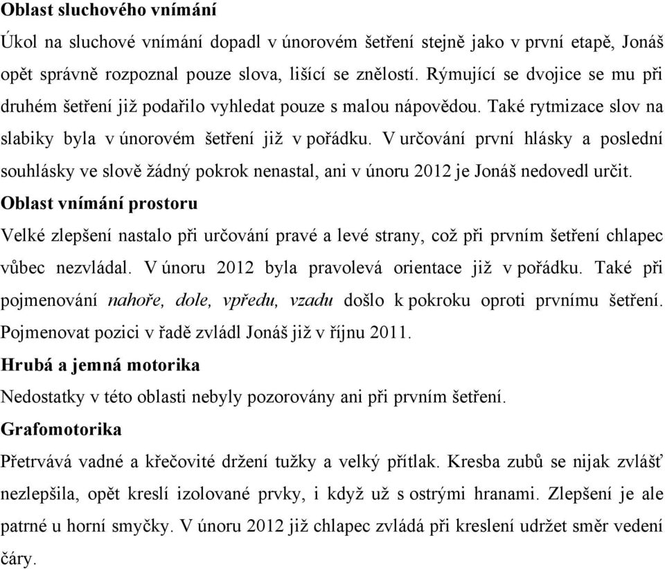 V určování první hlásky a poslední souhlásky ve slově žádný pokrok nenastal, ani v únoru 2012 je Jonáš nedovedl určit.