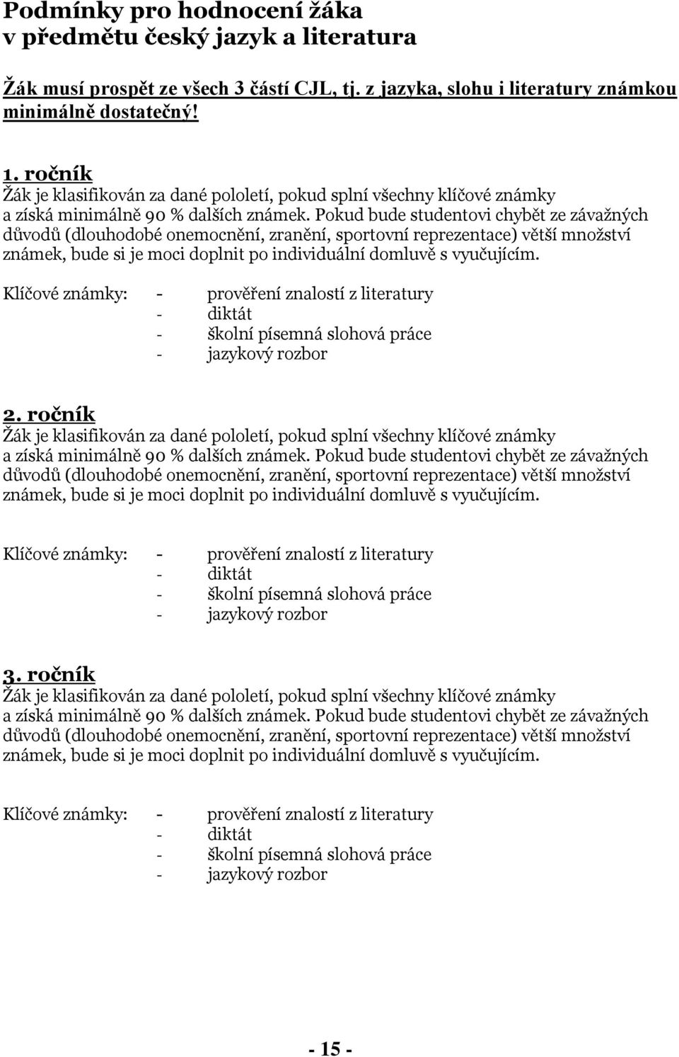 Pokud bude studentovi chybět ze závažných důvodů (dlouhodobé onemocnění, zranění, sportovní reprezentace) větší množství známek, bude si je moci doplnit po individuální domluvě s vyučujícím.